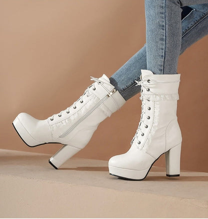 Antmvs Autumn Winter Short Boots For Women High Hoof Heels Lace-Up Ankle Strap Buckles Female Ankle Boots Fashion Ruffles