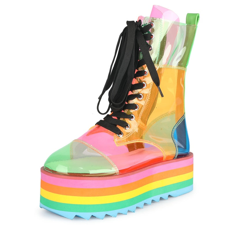 Black Friday Antmvs  New Platform Rainbow Boots Fashion Transparent PU Boots Sweet Girl Platform Shoes Super High Heel Candy Colors Sneakers Women