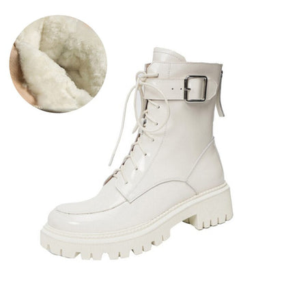 Antmvs Winter Genuine Leather Women Boots Fur Warm  Boots Snow Boots Zippe Lace-Up Platform Boots Black Motorcycle Boots Shoes