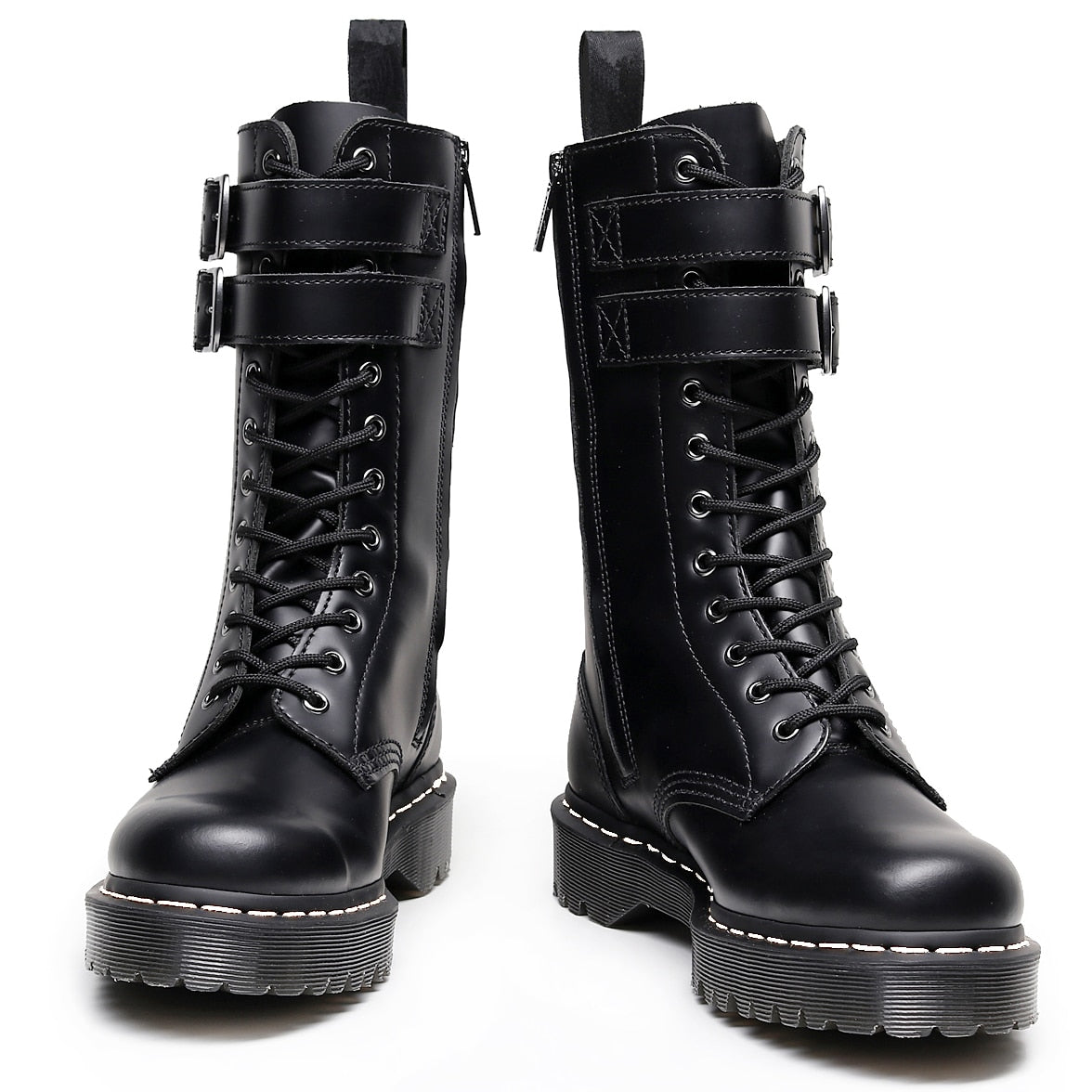 Antmvs  Women Platform Leather High Boots New Female Shoes Punk Buckle Long Boot Woman Lace Up Booties Black Gothic Mid Tube Boots