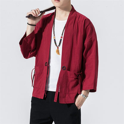 Spring Men's Linen Kimono Fashion Loose Long Cardigan Outerwear Vintage Coat Male Jackets With Belt Casual Overcoat JE026