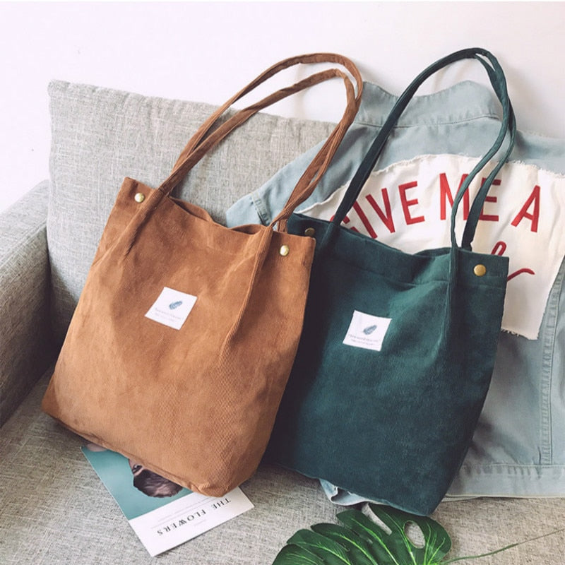 Antmvs Antmvs Women Corduroy Shopping Bag Female Canvas Cloth Shoulder Bag Environmental Storage Handbag Reusable Foldable Eco Grocery Totes