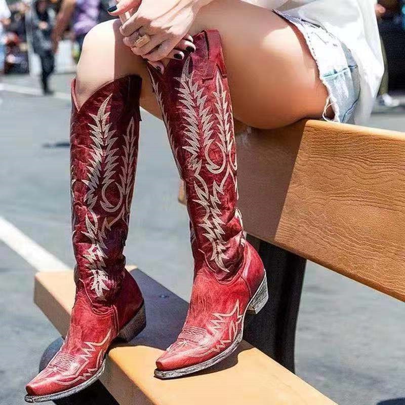 Antmvs   Female High Heel Leather Shoes Knee-High Cowboy Boots Stylish Women Boots Autumn Vintage Long Tube Knight Boot