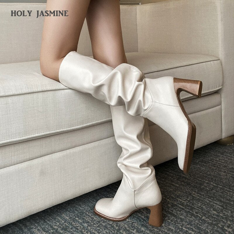 Antmvs Winter New  Leather Knee-Length Boots Square Toe High Heel Women's Boots Square Heel Western Boots Women's Shoes