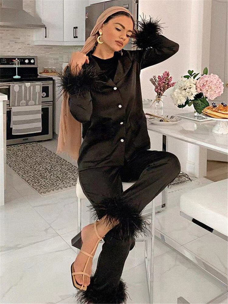 Antmvs  2025 Casual Two Piece Pants Set For Women Black Fleece Fur Long Sleeve Top Shirt And Pantsuit Ladies Fashion Party Suit