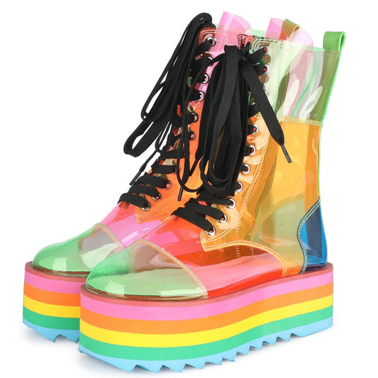 Black Friday Antmvs  New Platform Rainbow Boots Fashion Transparent PU Boots Sweet Girl Platform Shoes Super High Heel Candy Colors Sneakers Women