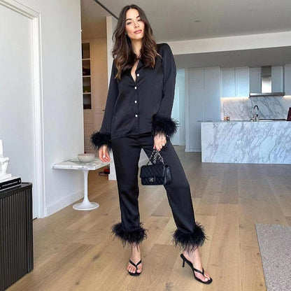 Antmvs  2025 Casual Two Piece Pants Set For Women Black Fleece Fur Long Sleeve Top Shirt And Pantsuit Ladies Fashion Party Suit