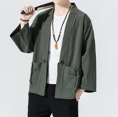 Spring Men's Linen Kimono Fashion Loose Long Cardigan Outerwear Vintage Coat Male Jackets With Belt Casual Overcoat JE026