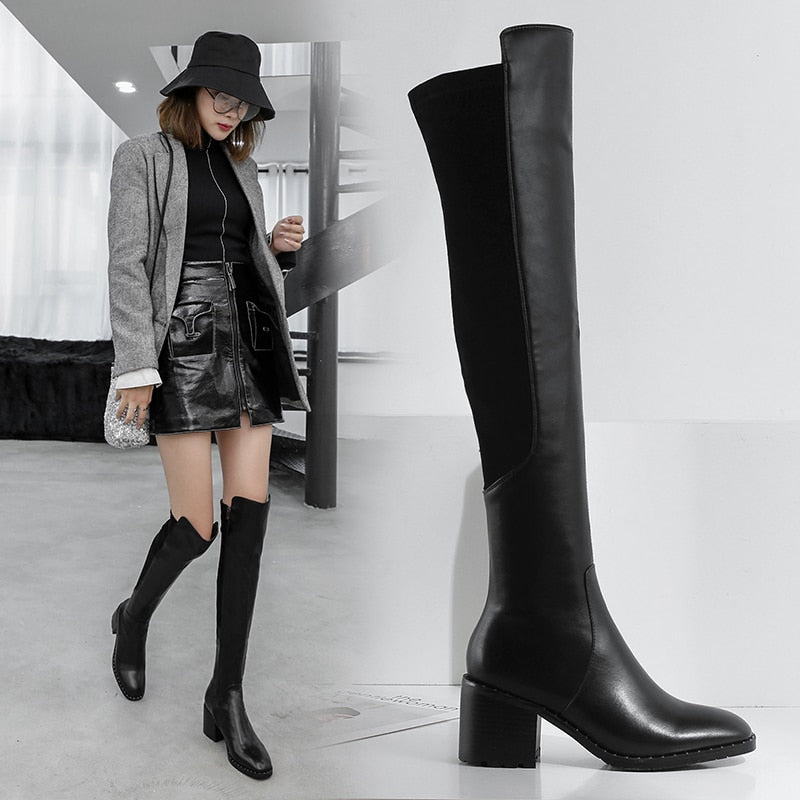 Antmvs Genuine Leather Women's High Boots Fashion Slip-On Over-The-Knee Women Boots  Autumn Winter Flock Round Toe Stretch Boots