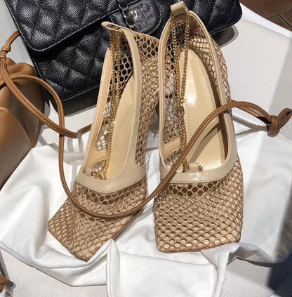 antmvs  9Cm Summer Autumn   Mesh Pumps Sandals Female Square Toe High Heel Chain Stiletto Hollow Party Dress Pumps Shoe Sandals