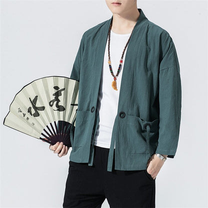 Spring Men's Linen Kimono Fashion Loose Long Cardigan Outerwear Vintage Coat Male Jackets With Belt Casual Overcoat JE026