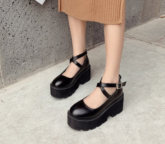 Thanksgiving  Antmvs  College Student Shoes Girl LOLITA Shoes JK Uniform PU Leather Platform Heels Ankle Strap Womens Pumps  New Spring