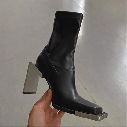 Antmvs   New Autumn Winter Fashion Casual High Heel Back Zipper Square Head Strange Style Thin Leather Shoes Women Boots