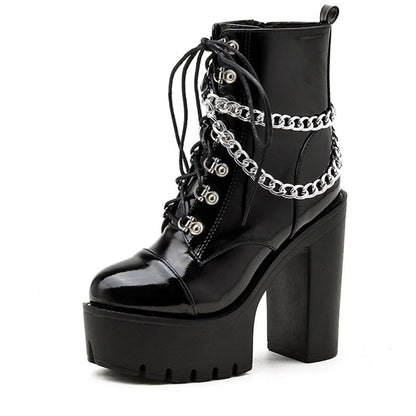 Antmvs  Black Gothic Women Shoes Autumn Ladies Ankle Boots High Heels   Chain Punk Style Patent Leather Boots For Party Zipper