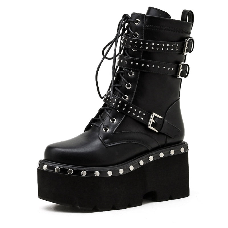 Antmvs   Spring Lace-Up Motorcycle Boots For Women Round Toe Thick Platform High Heels Female Ankle Boots Gothic Style Shoes