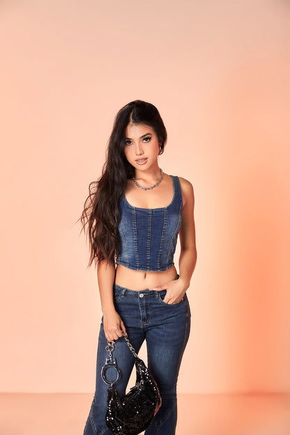 Antmvs Unicorn Blood Denim Blue Corset Top Low Waist Flare Jeans Matching Set