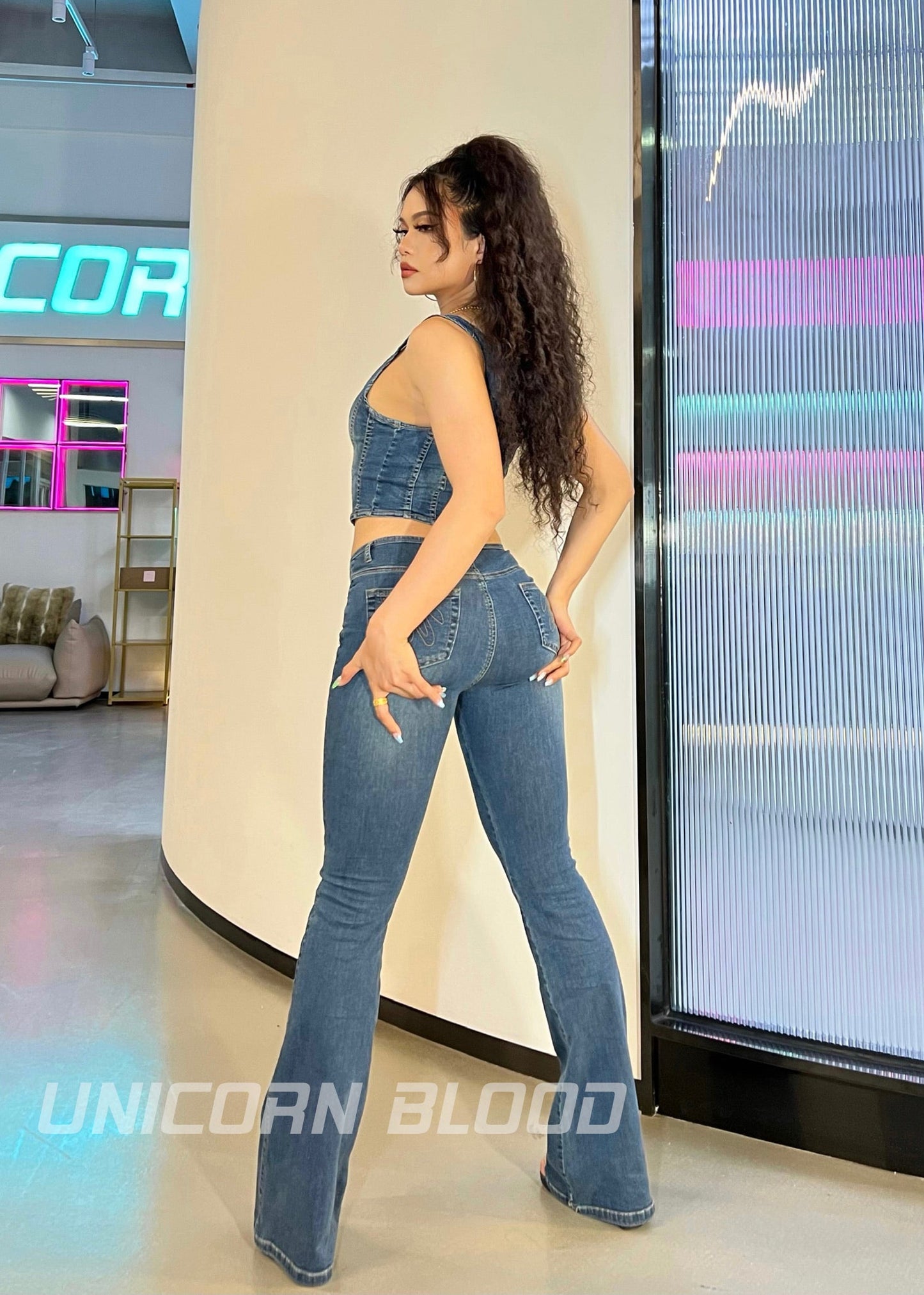 Antmvs Unicorn Blood Denim Blue Corset Top Low Waist Flare Jeans Matching Set