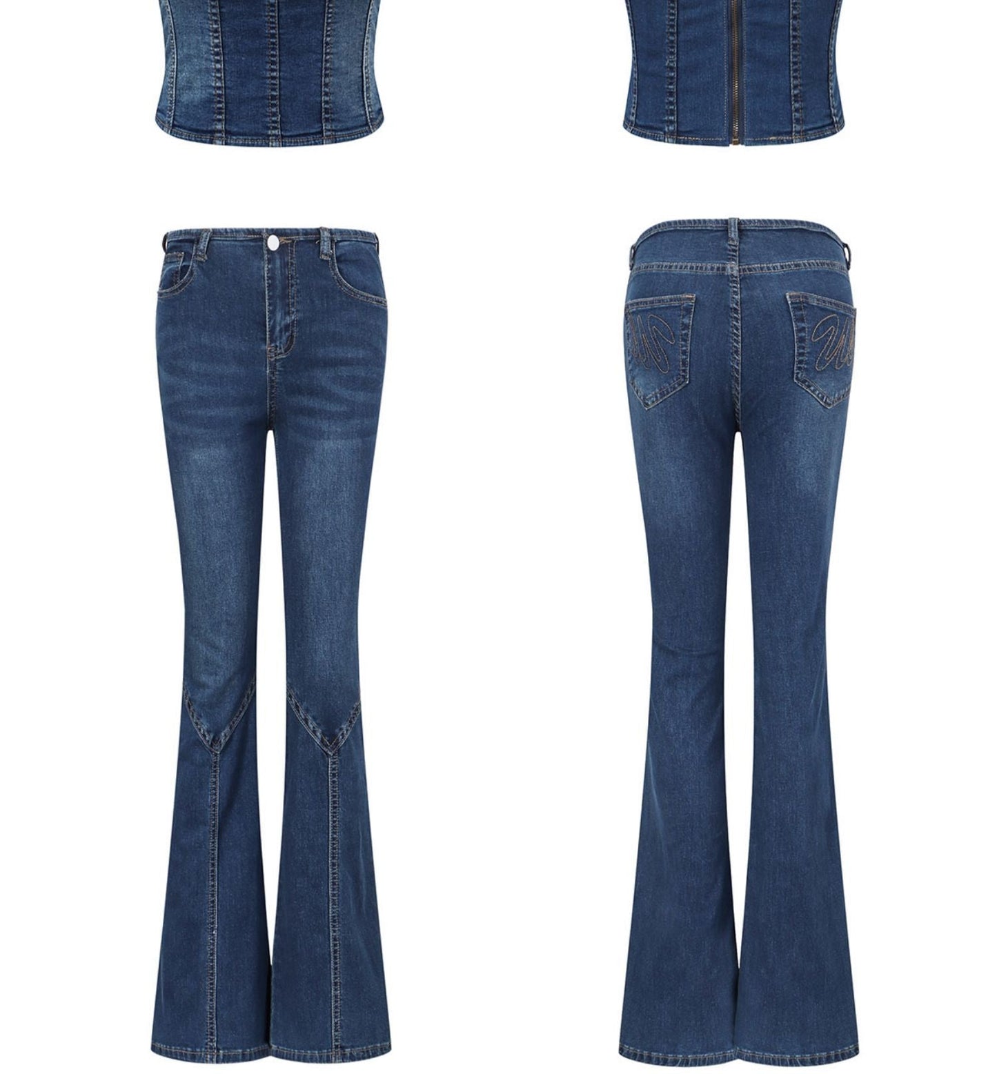 Antmvs Unicorn Blood Denim Blue Corset Top Low Waist Flare Jeans Matching Set