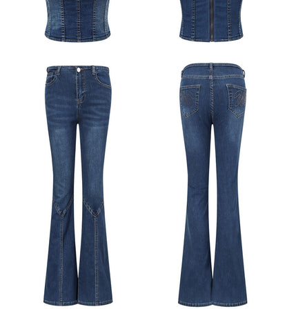 Antmvs Unicorn Blood Denim Blue Corset Top Low Waist Flare Jeans Matching Set