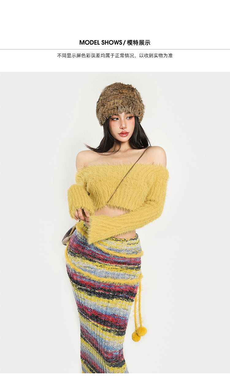 Antmvs Sandra Solid Color Yellow Long Sleeve Off the Shoulder Slim Cropped Top Stripe High Waist Slim Long Skirt Matching Set