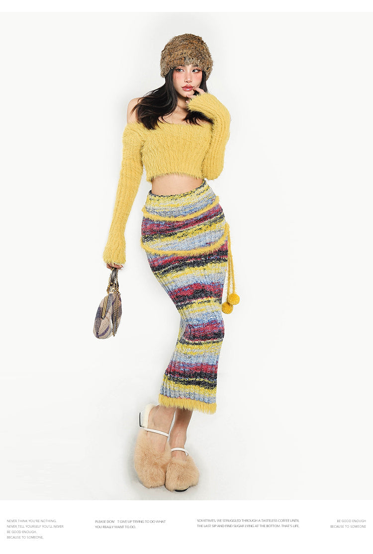 Antmvs Sandra Solid Color Yellow Long Sleeve Off the Shoulder Slim Cropped Top Stripe High Waist Slim Long Skirt Matching Set