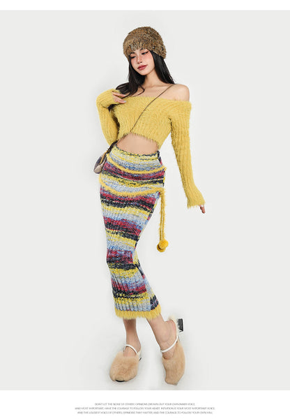 Antmvs Sandra Solid Color Yellow Long Sleeve Off the Shoulder Slim Cropped Top Stripe High Waist Slim Long Skirt Matching Set