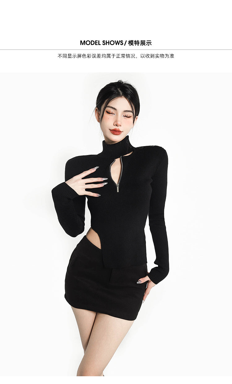 Antmvs Janiya Solid Color Turtleneck Zip Up Cut Out Asymmetrical Ribbed Long Sleeve Top