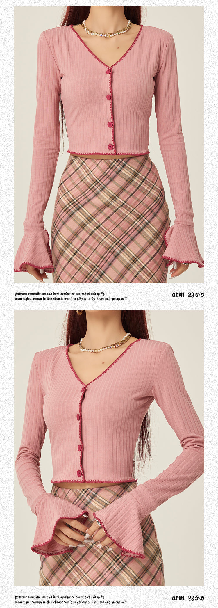 Antmvs Dawa Solid Color V-Neck Long Sleeve Button Up Bell Sleeve Top