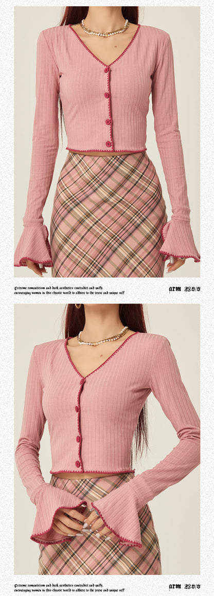 Antmvs Dawa Solid Color V-Neck Long Sleeve Button Up Bell Sleeve Top