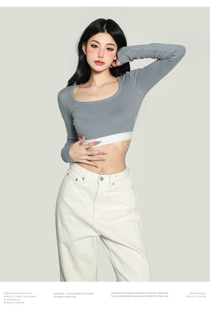 Antmvs Chrissy Solid Color Square Neck Waist Band Slim Long Sleeve Cropped Top