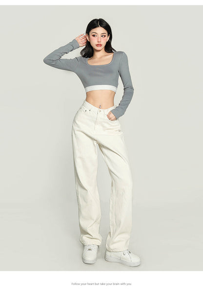 Antmvs Chrissy Solid Color Square Neck Waist Band Slim Long Sleeve Cropped Top