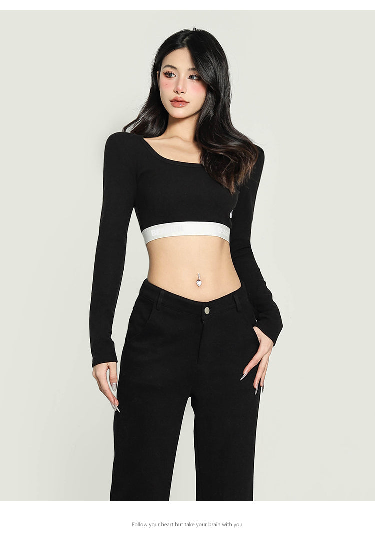 Antmvs Chrissy Solid Color Square Neck Waist Band Slim Long Sleeve Cropped Top