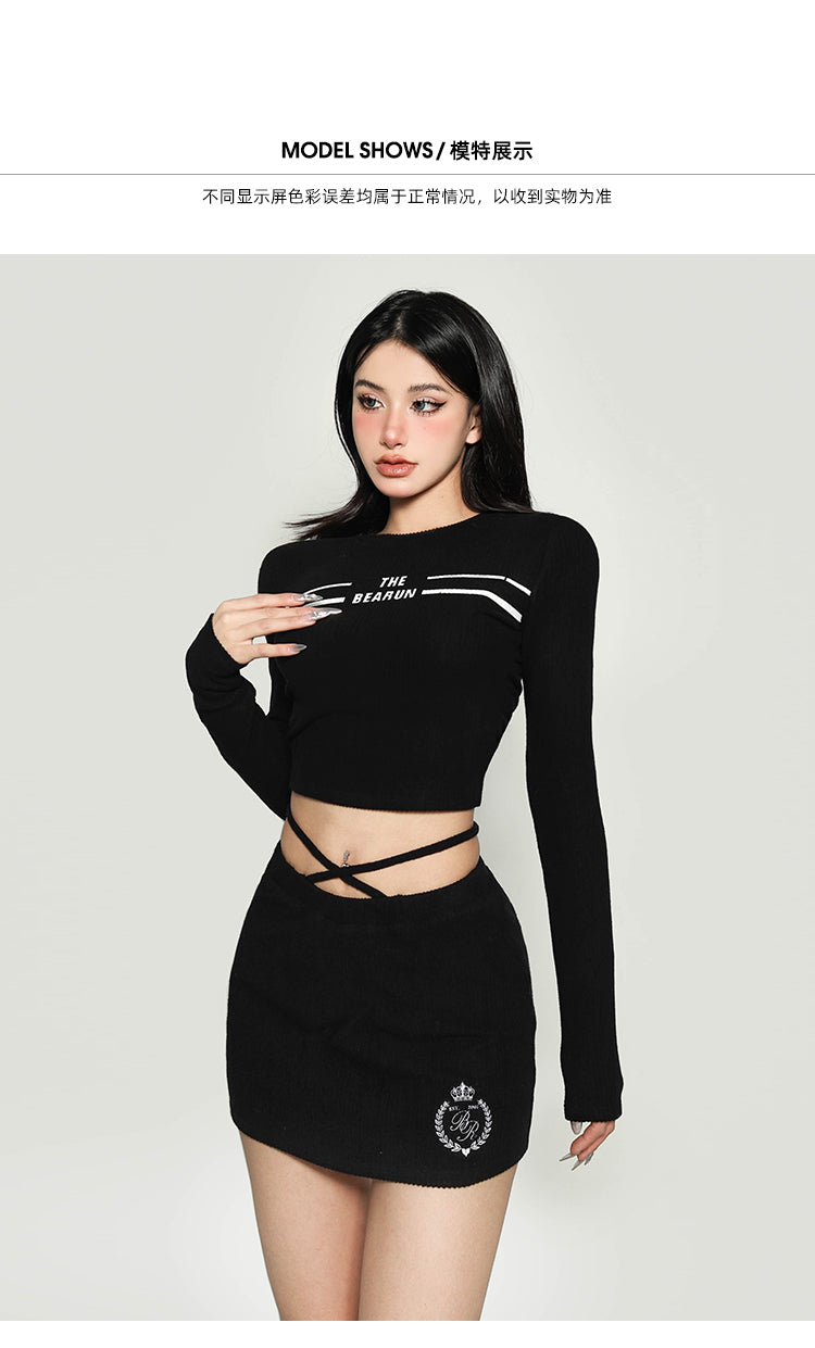 Antmvs THE BEARUN Letter Embroidery Solid Color Black Long Sleeve Cropped Top Lace Up Mini Skirt Matching Set