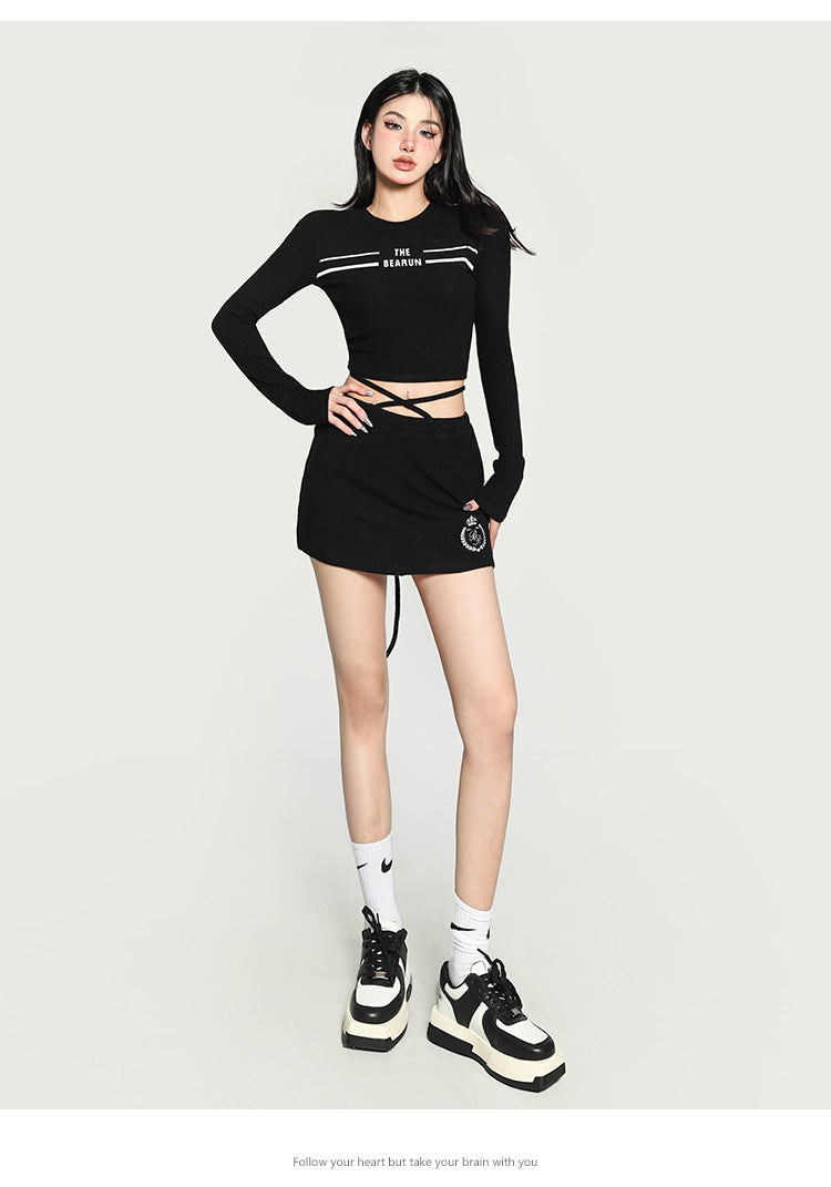 Antmvs THE BEARUN Letter Embroidery Solid Color Black Long Sleeve Cropped Top Lace Up Mini Skirt Matching Set