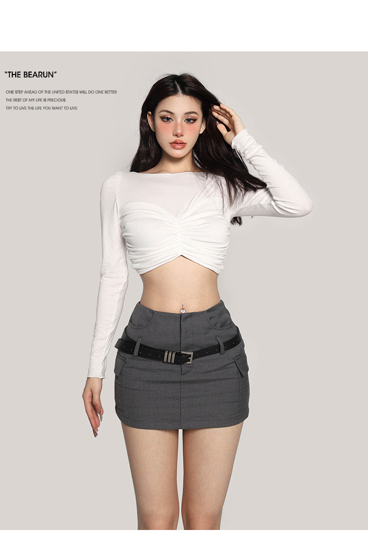 Antmvs Lizzie Solid Color White Twist Long-sleeved Cropped Top