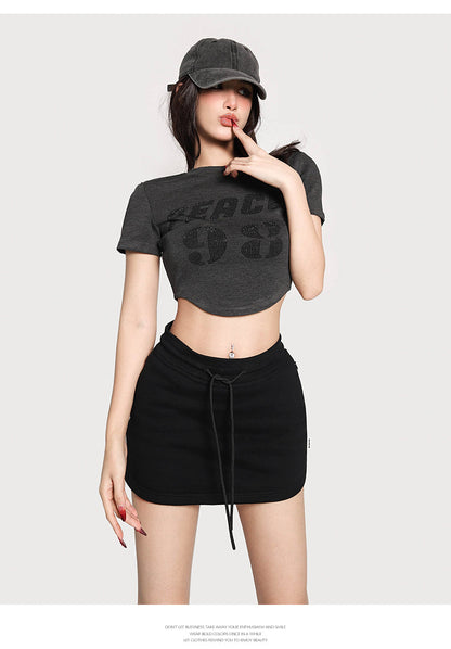 Antmvs PEACE 42 Letter Print Short Sleeve Cropped T-shirt Top