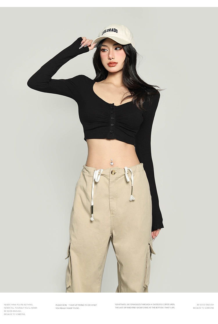 Antmvs Yielle Solid Color U-Neck Button Up Long Sleeve Slim Cropped Top