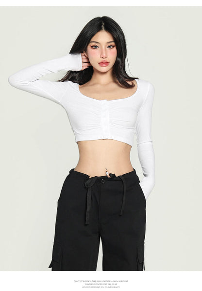 Antmvs Yielle Solid Color U-Neck Button Up Long Sleeve Slim Cropped Top