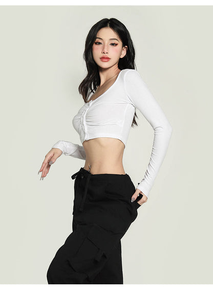 Antmvs Yielle Solid Color U-Neck Button Up Long Sleeve Slim Cropped Top