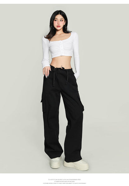 Antmvs Yielle Solid Color U-Neck Button Up Long Sleeve Slim Cropped Top