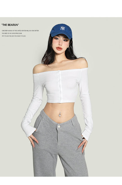 Antmvs Kiara Solid Color One-shoulder Long-sleeved Off the Shoulder Slim Cropped Top