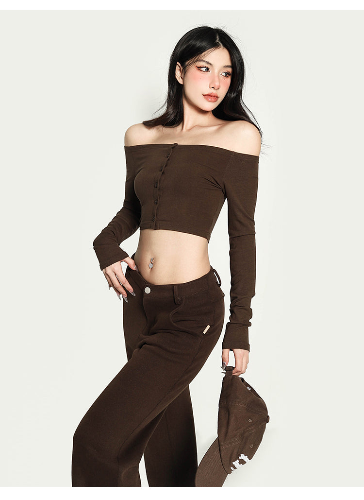 Antmvs Kiara Solid Color One-shoulder Long-sleeved Off the Shoulder Slim Cropped Top