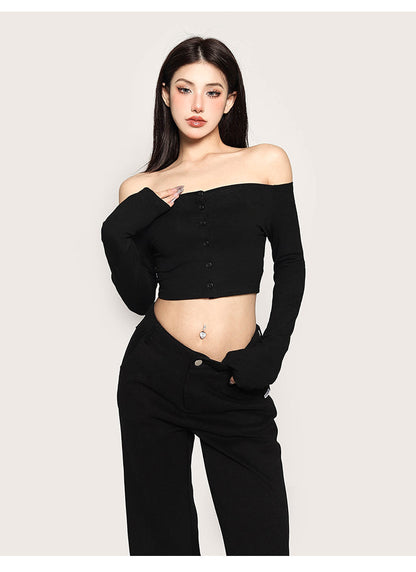 Antmvs Kiara Solid Color One-shoulder Long-sleeved Off the Shoulder Slim Cropped Top