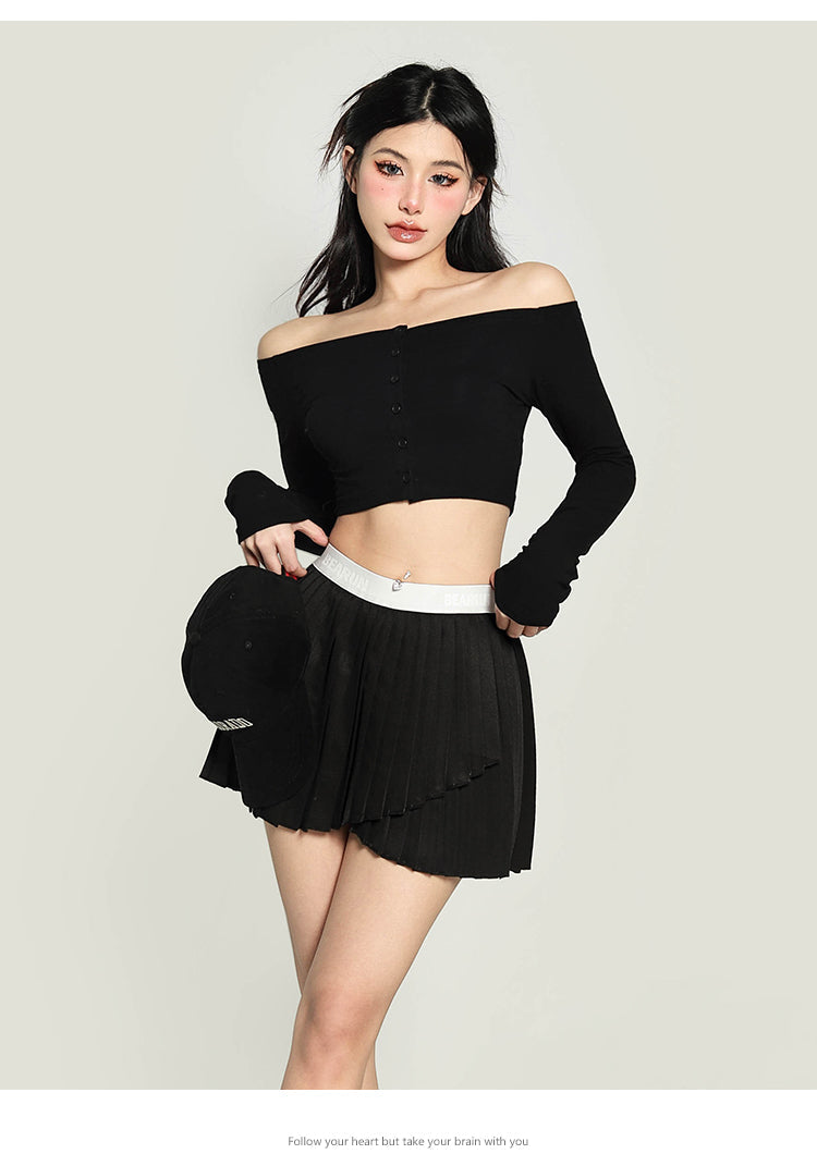 Antmvs Kiara Solid Color One-shoulder Long-sleeved Off the Shoulder Slim Cropped Top