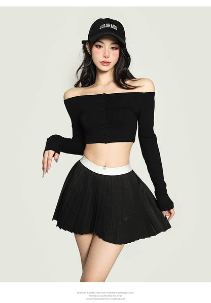 Antmvs Kiara Solid Color One-shoulder Long-sleeved Off the Shoulder Slim Cropped Top