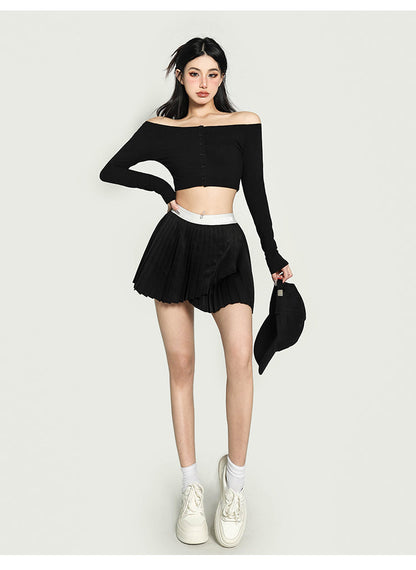 Antmvs Kiara Solid Color One-shoulder Long-sleeved Off the Shoulder Slim Cropped Top