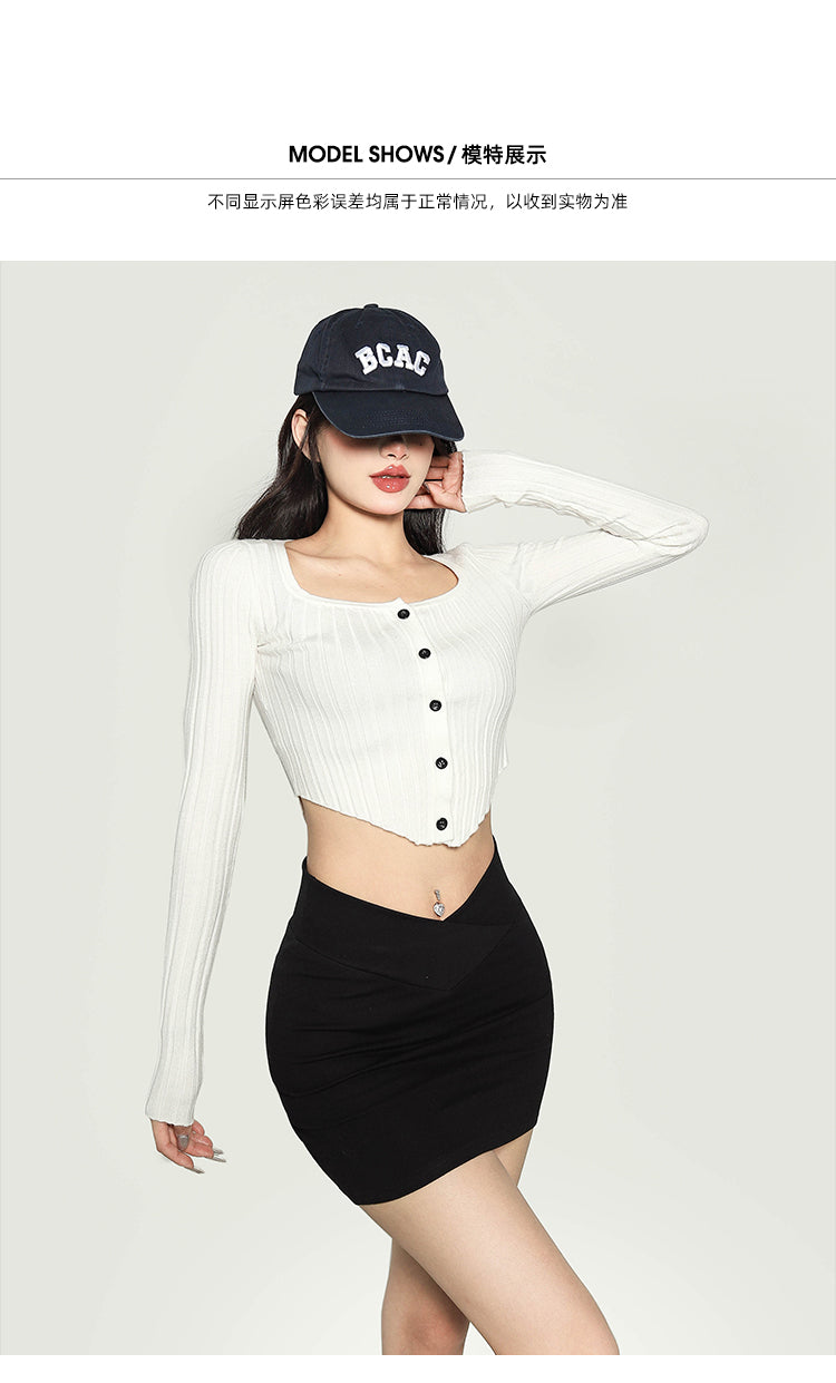 Antmvs Waliya Solid Color White Long-sleeved Slim Knit Button Up Ribbed Cropped Top