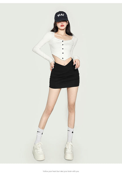 Antmvs Waliya Solid Color White Long-sleeved Slim Knit Button Up Ribbed Cropped Top