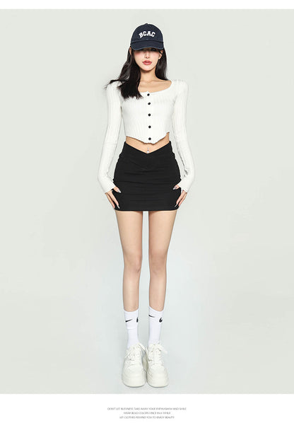 Antmvs Waliya Solid Color White Long-sleeved Slim Knit Button Up Ribbed Cropped Top