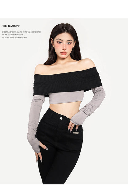 Antmvs Giana Contrast Color Off the Shoulder Long Sleeve Slim Cropped Top